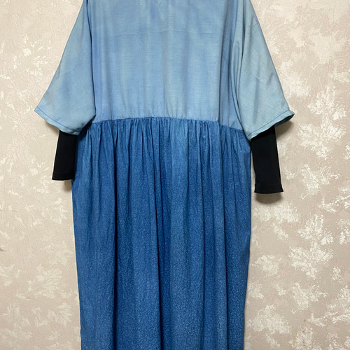 198藍染めロングワンピース、2色、ティアード、ゆったり、リラックス  