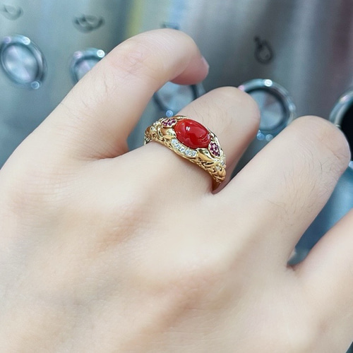 K18 珊瑚とダイヤモンドのリング