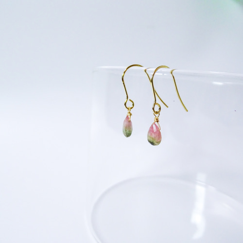 バイカラー ピンクトルマリンのペアシェイプピアス SUS316L 14kgf 金属  