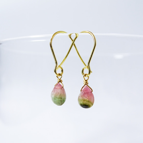 バイカラー ピンクトルマリンのペアシェイプピアス SUS316L 14kgf 金属  