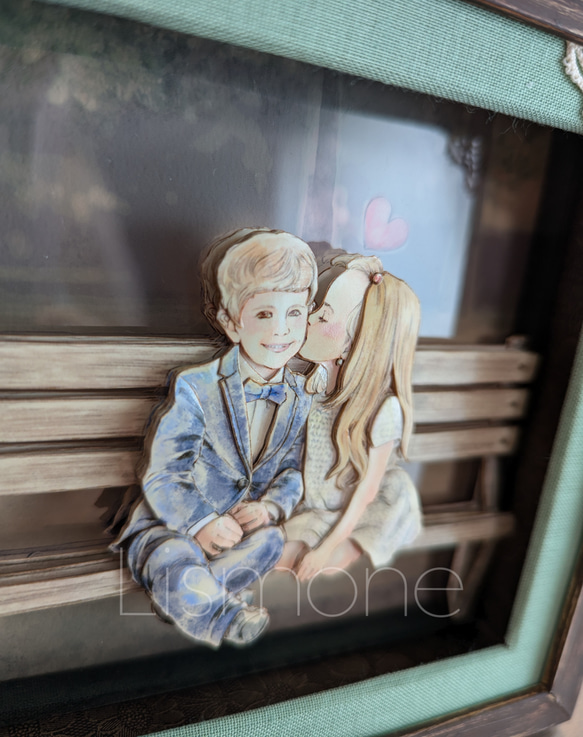 【完成品・一点もの】シャドーボックス：【Little Lovers】ベンチで並んで 4枚目の画像