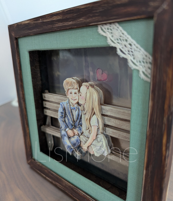 【完成品・一点もの】シャドーボックス：【Little Lovers】ベンチで並んで 5枚目の画像