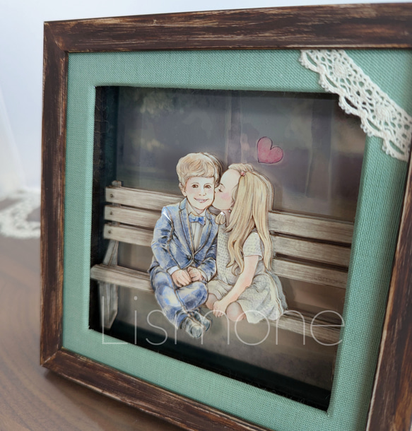 【完成品・一点もの】シャドーボックス：【Little Lovers】ベンチで並んで 1枚目の画像