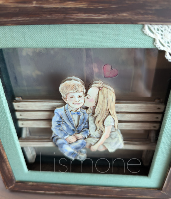 【完成品・一点もの】シャドーボックス：【Little Lovers】ベンチで並んで 3枚目の画像