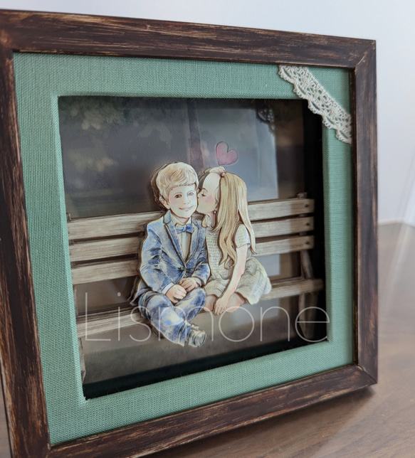 【完成品・一点もの】シャドーボックス：【Little Lovers】ベンチで並んで 2枚目の画像
