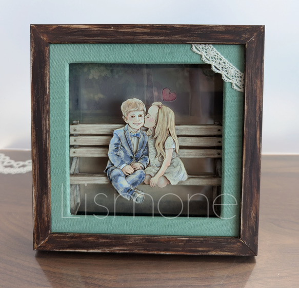 【完成品・一点もの】シャドーボックス：【Little Lovers】ベンチで並んで 6枚目の画像