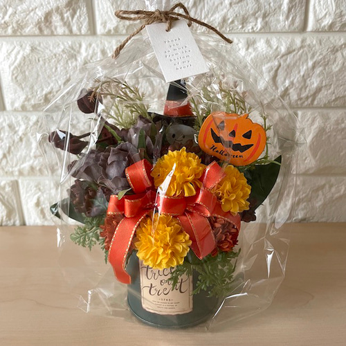 ハロウィン〜ブリキゴーストポットアレンジ【FD055】 アートフラワー