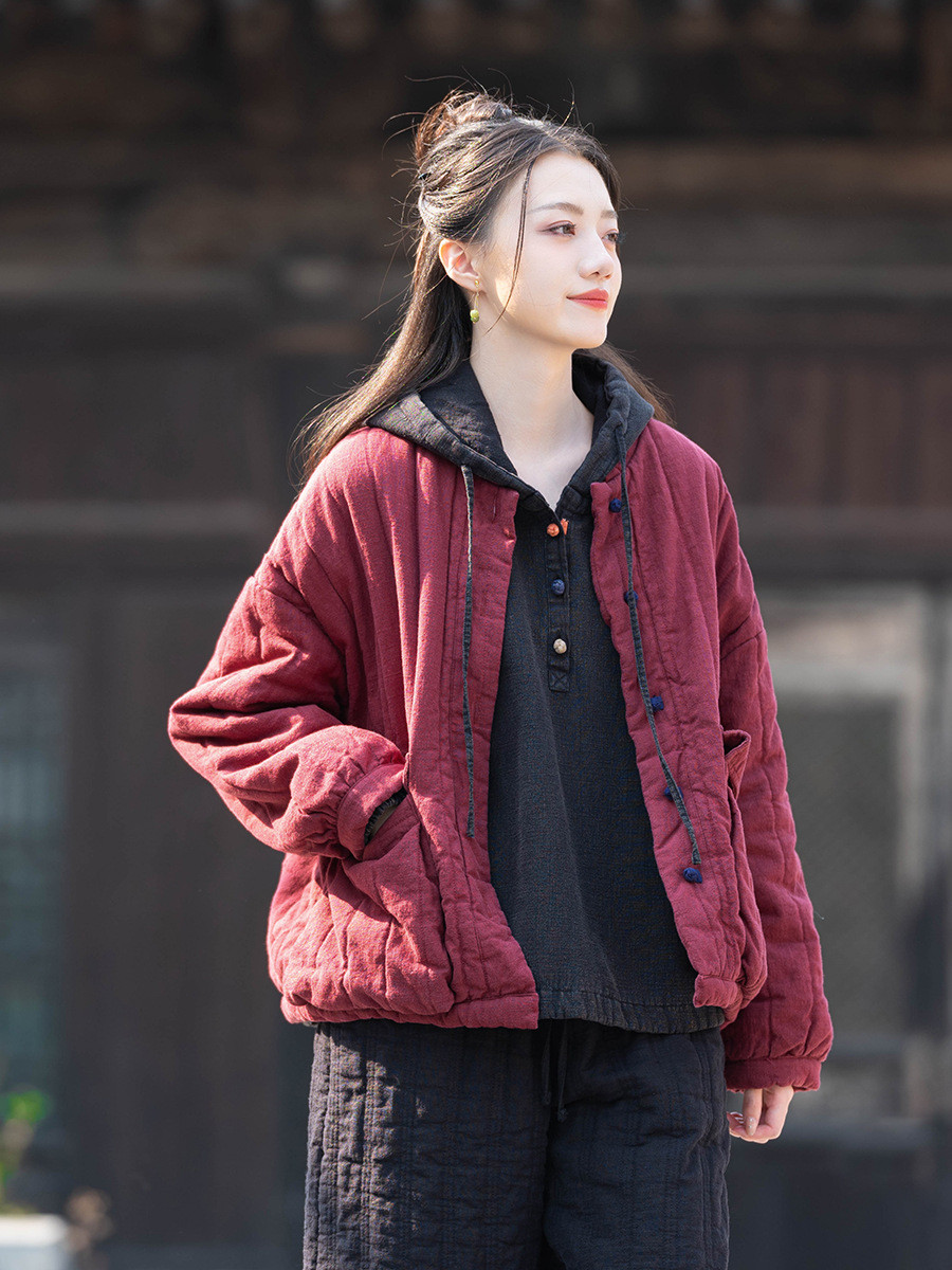 ラミー麻生地純綿充填秋冬保温ジャケット #ワイン色