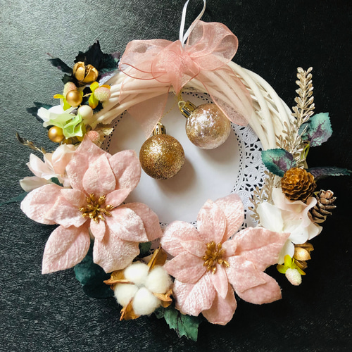 送料無料 クリスマスリース くすみピンクのポインセチア コットン  