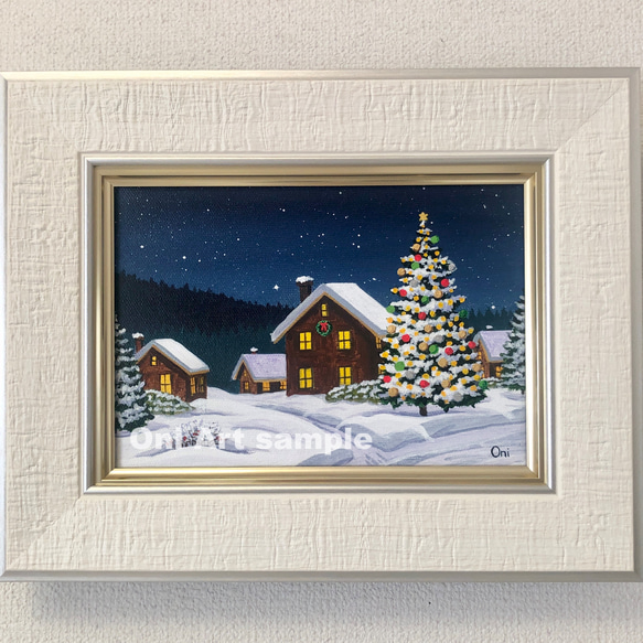 星降る夜のクリスマス02」アクリル画 原画 額縁付 キャンバス SM