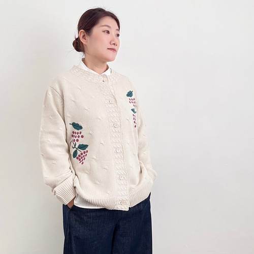 2024秋☆刺繡ニットカーディガン☆葡萄】クルーネック│ジャガード織り