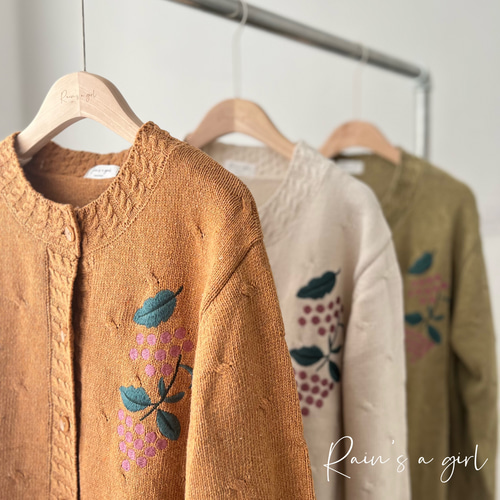 2024秋☆刺繡ニットカーディガン☆葡萄】クルーネック│ジャガード織り