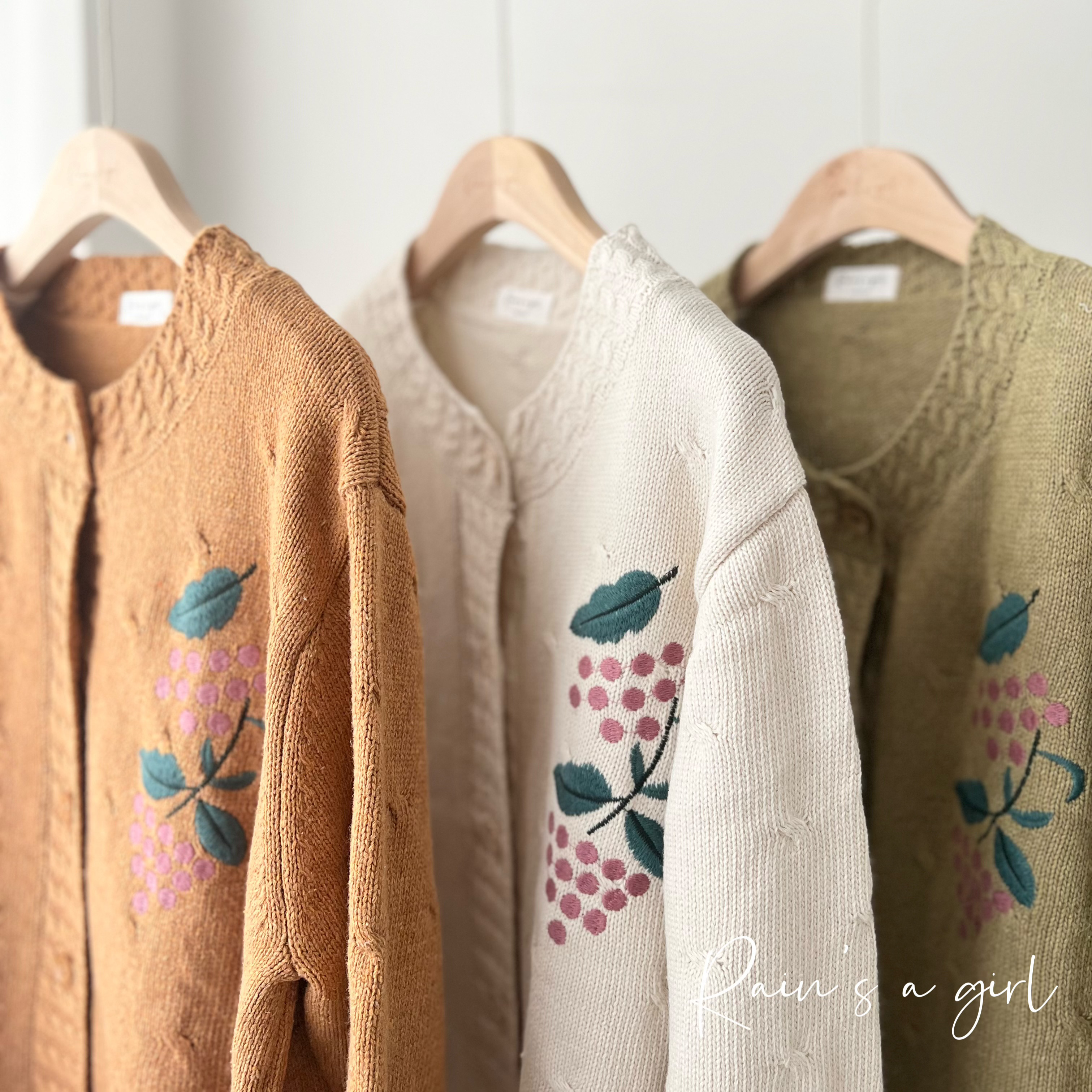 【2024秋★刺繡ニットカーディガン★葡萄】クルーネック│ジャガード織り│柔らかい│グレープ│カジュアル│T-177LB