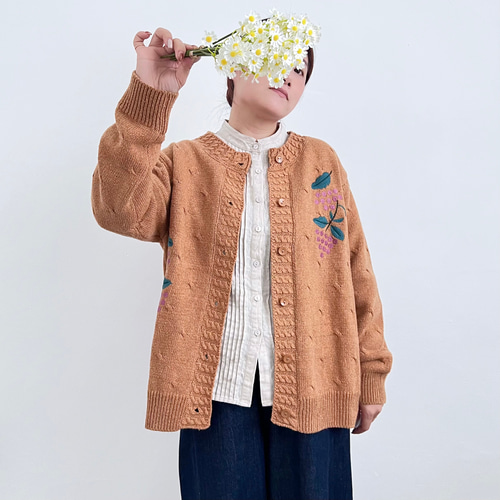 2024秋☆刺繡ニットカーディガン☆葡萄】クルーネック│ジャガード織り