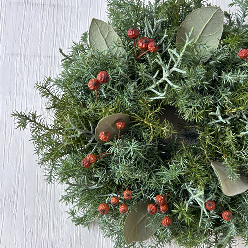 20cm 針葉樹と赤い実のクリスマスシンプルフレッシュリース