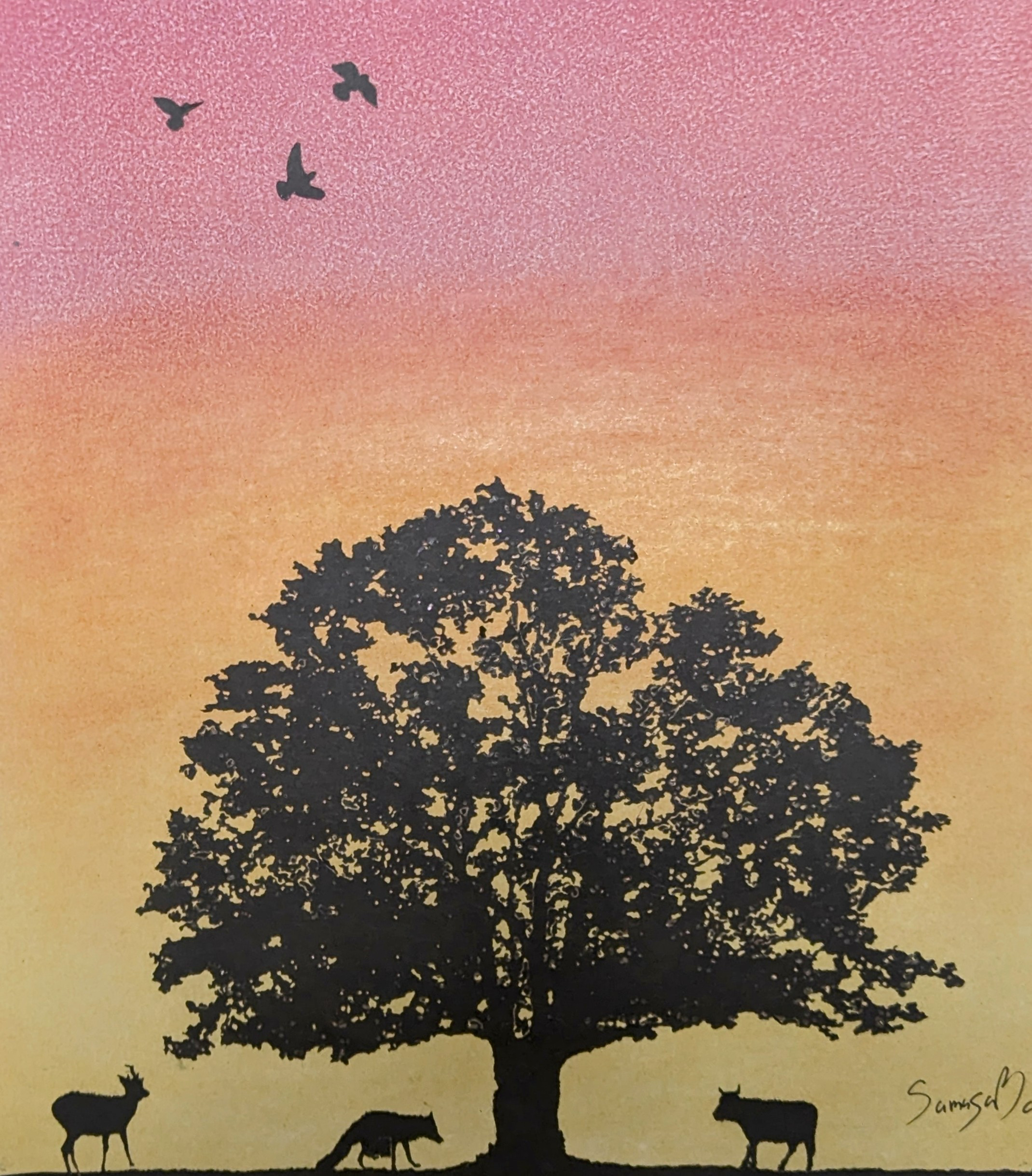 パステル画（原画）夕暮れの街。 （夕暮れの空は夕焼けの典型的