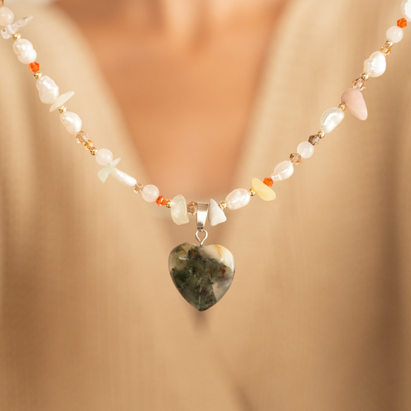 天然石/淡水パール・ハートチャームネックレス ネックレス・ペンダント