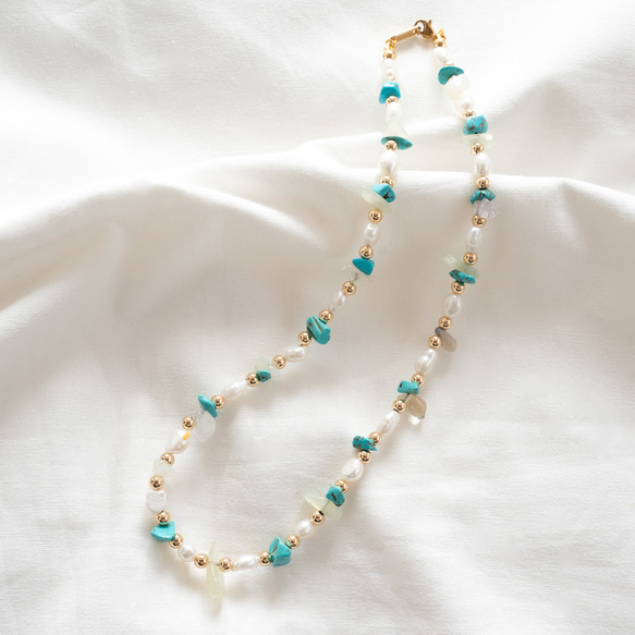 イアパピヨネ 淡水パールデザインネックレス サックスブルー