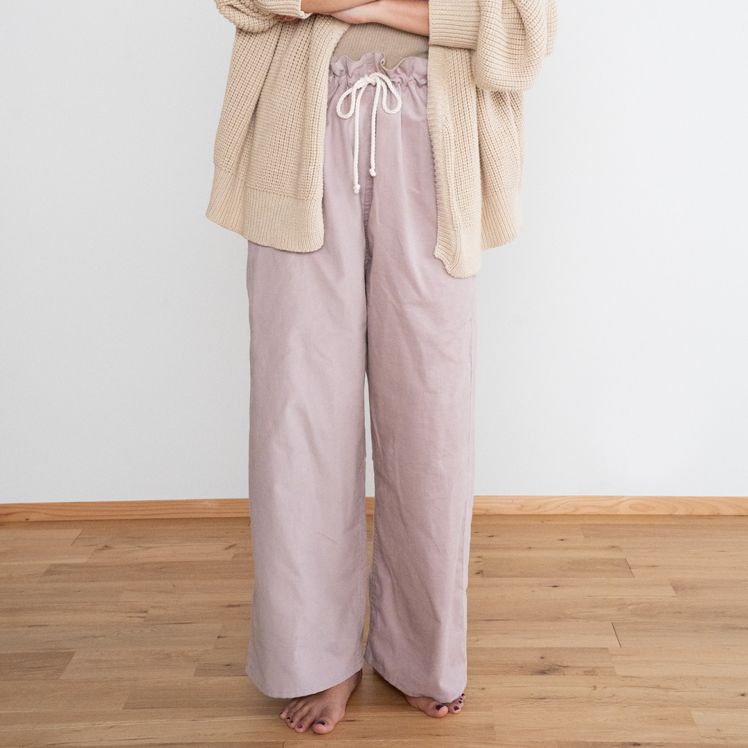 オールシーズンOK♪【ウエスト紐で履き心地抜群】ウエストフリル コーデュロイストレートパンツ(pink beige)