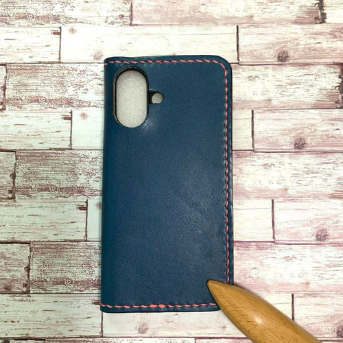 栃木レザー ネイビー iPhoneケース スマホケース 本革 手帳型 ポケット