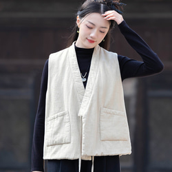 砂洗ラミー麻純綿充填秋冬保温V襟ベスト #麻色 5枚目の画像