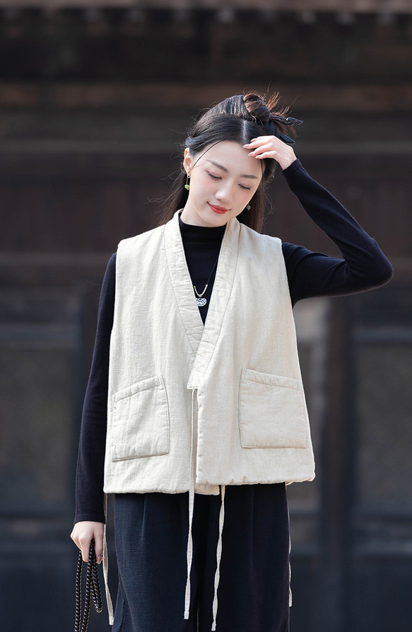 砂洗ラミー麻純綿充填秋冬保温V襟ベスト #麻色 5枚目の画像