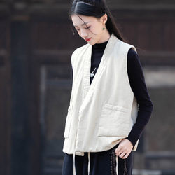 砂洗ラミー麻純綿充填秋冬保温V襟ベスト #麻色 4枚目の画像