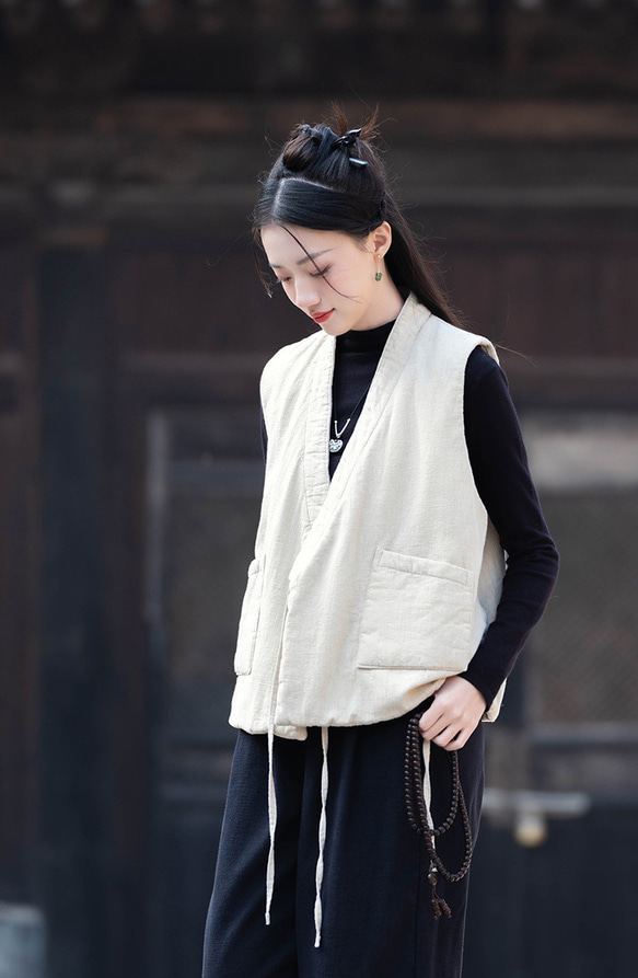 砂洗ラミー麻純綿充填秋冬保温V襟ベスト #麻色 4枚目の画像