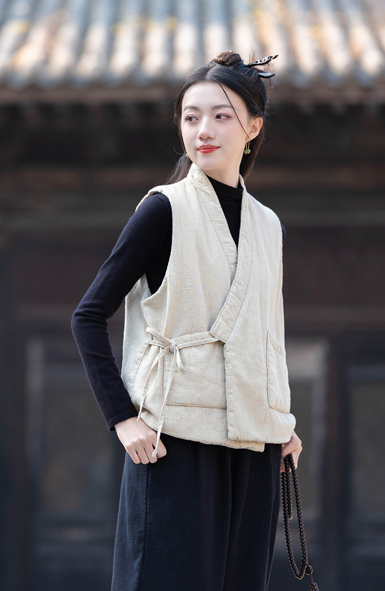 砂洗ラミー麻純綿充填秋冬保温V襟ベスト #麻色