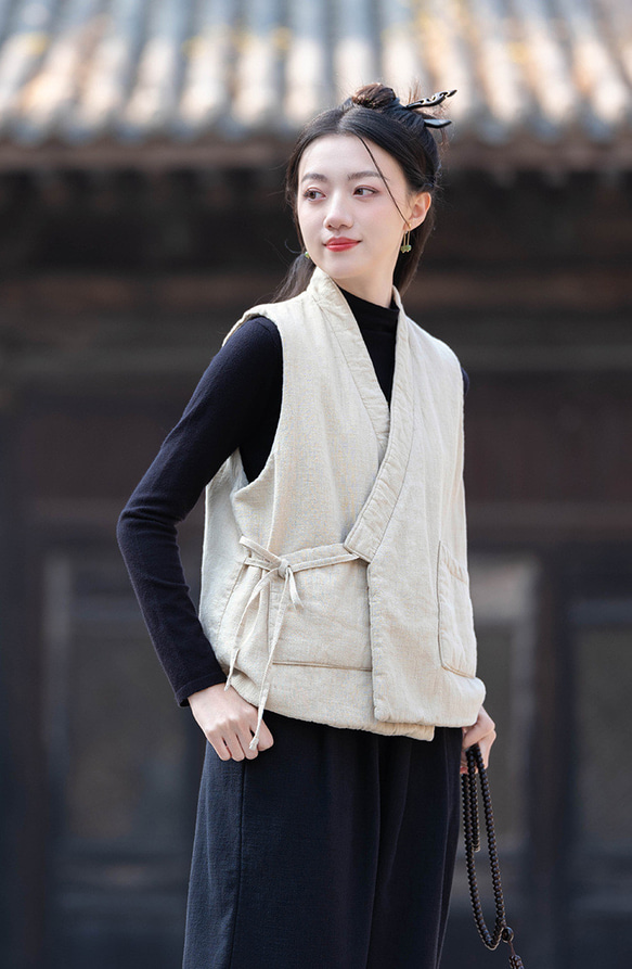 砂洗ラミー麻純綿充填秋冬保温V襟ベスト #麻色 1枚目の画像