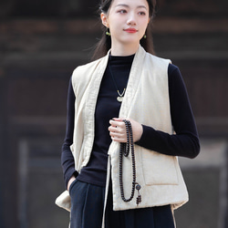 砂洗ラミー麻純綿充填秋冬保温V襟ベスト #麻色 9枚目の画像