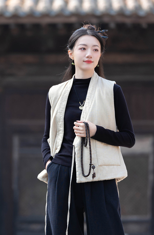 砂洗ラミー麻純綿充填秋冬保温V襟ベスト #麻色 9枚目の画像