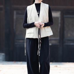 砂洗ラミー麻純綿充填秋冬保温V襟ベスト #麻色 13枚目の画像