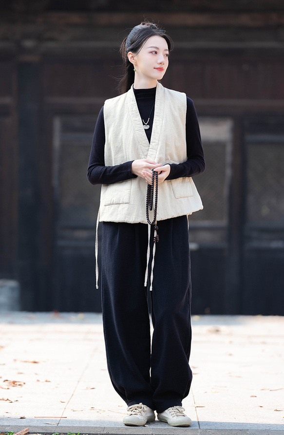 砂洗ラミー麻純綿充填秋冬保温V襟ベスト #麻色 13枚目の画像