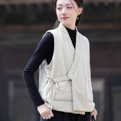 砂洗ラミー麻純綿充填秋冬保温V襟ベスト #麻色 3枚目の画像