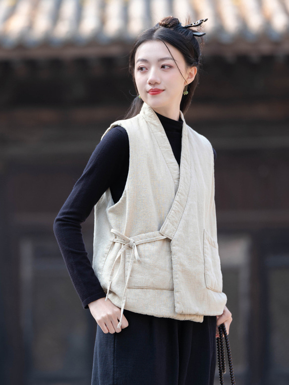 砂洗ラミー麻純綿充填秋冬保温V襟ベスト #麻色 3枚目の画像