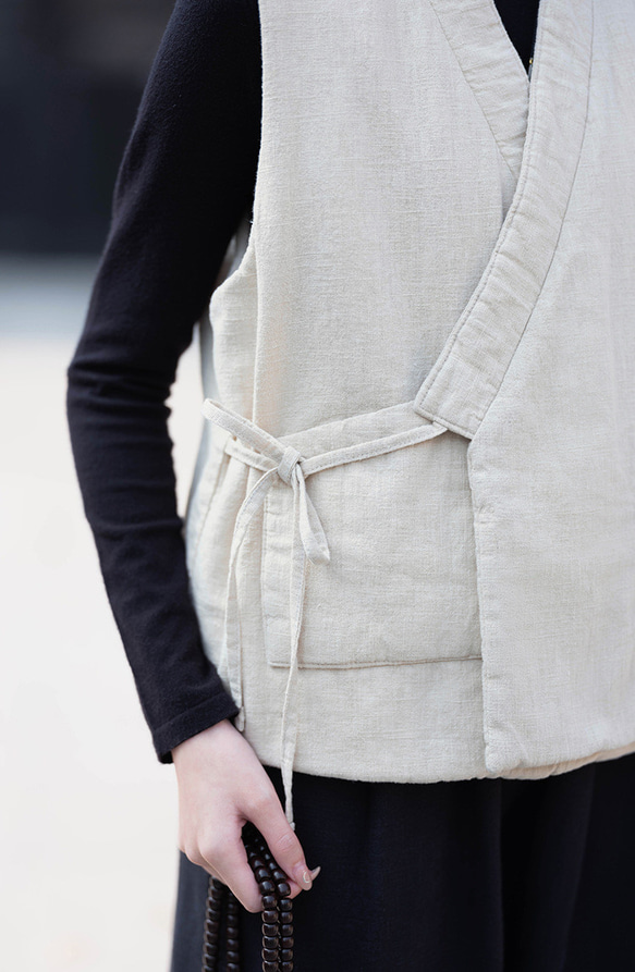 砂洗ラミー麻純綿充填秋冬保温V襟ベスト #麻色 15枚目の画像