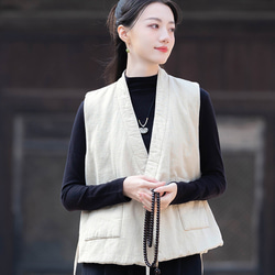 砂洗ラミー麻純綿充填秋冬保温V襟ベスト #麻色 6枚目の画像