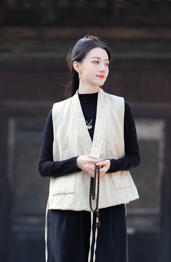 砂洗ラミー麻純綿充填秋冬保温V襟ベスト #麻色 6枚目の画像