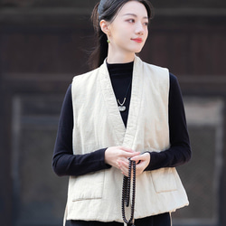 砂洗ラミー麻純綿充填秋冬保温V襟ベスト #麻色 2枚目の画像