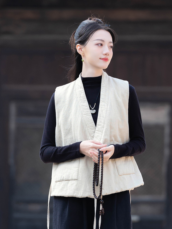 砂洗ラミー麻純綿充填秋冬保温V襟ベスト #麻色 2枚目の画像