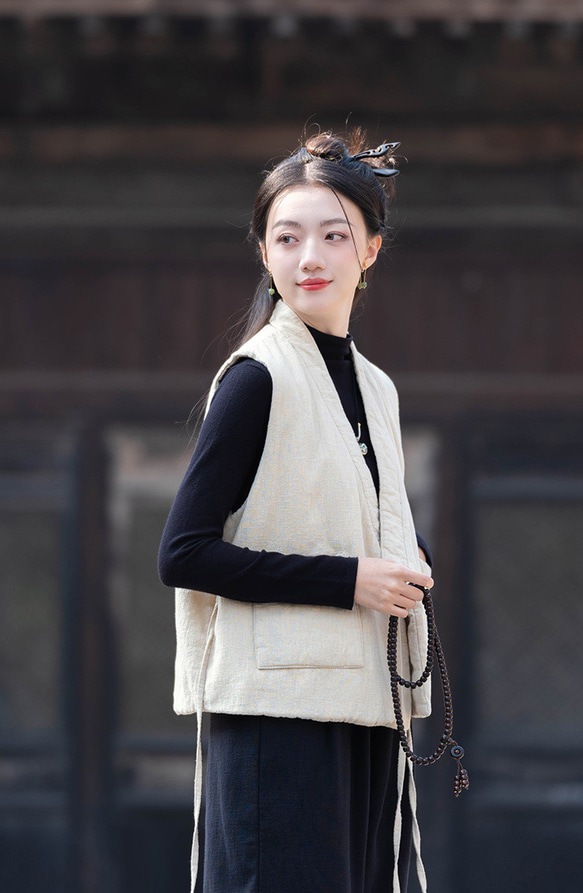 砂洗ラミー麻純綿充填秋冬保温V襟ベスト #麻色 8枚目の画像