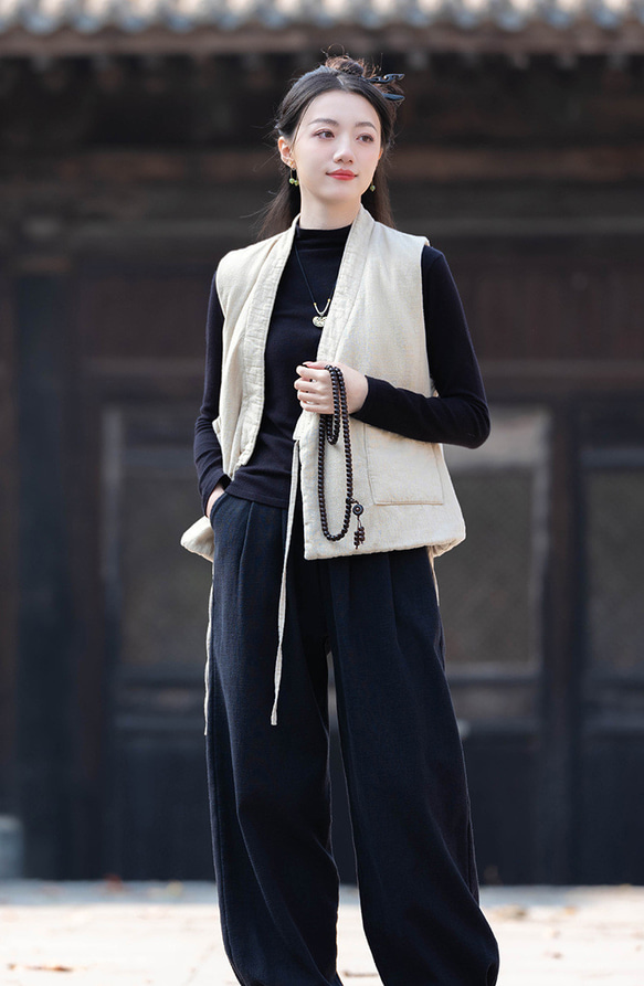 砂洗ラミー麻純綿充填秋冬保温V襟ベスト #麻色 11枚目の画像