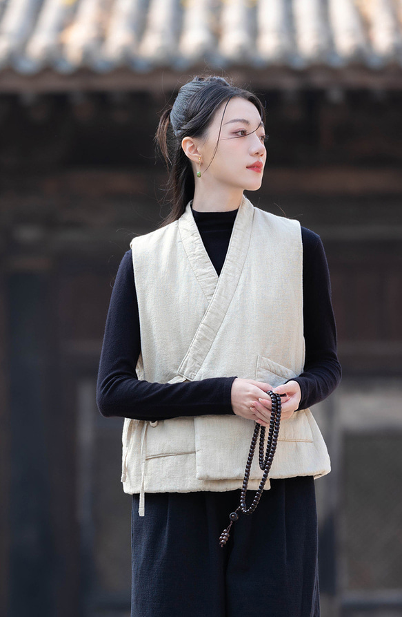 砂洗ラミー麻純綿充填秋冬保温V襟ベスト #麻色 10枚目の画像