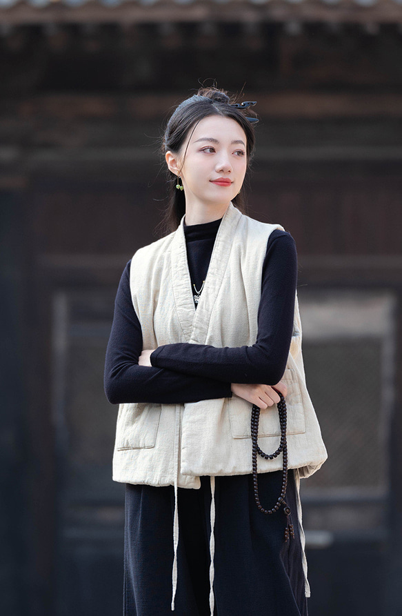 砂洗ラミー麻純綿充填秋冬保温V襟ベスト #麻色 7枚目の画像