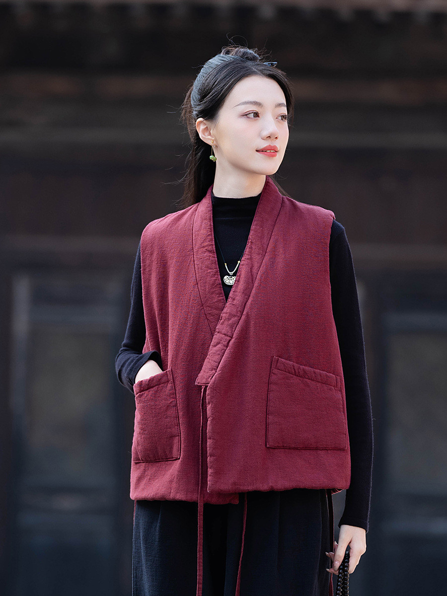 砂洗ラミー麻純綿充填秋冬保温V襟ベスト #ワイン色