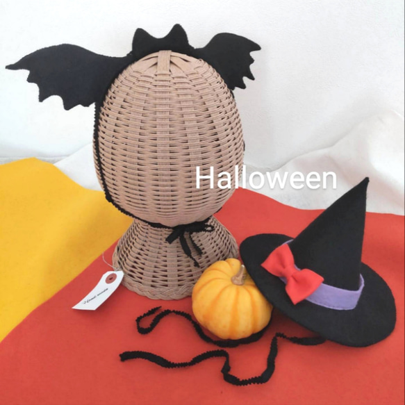 ハンドメイド ハロウィン魔女の帽子 フェルト☆ハロウィン 魔女の帽子とコウモリカチューシャ おもちゃ
