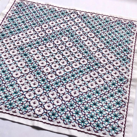 刺し子の花ふきん【十字花刺しアレンジ 青緑】 その他キッチン小物 i