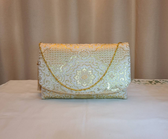 和風模様、ゴールドシルク着物帯の2waysクラッチバッグ