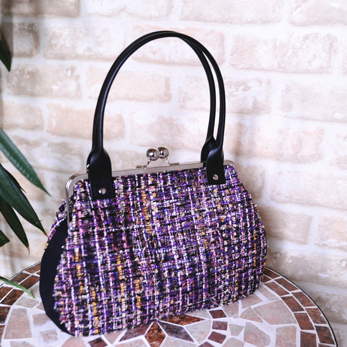 紫☆ツイード生地☆カラフル☆がま口ショルダー＆ハンド2wayバッグ